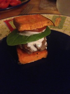 Lamb Sliders with Ginger Cilantro Aioli on a Sweet Potato "Bun"